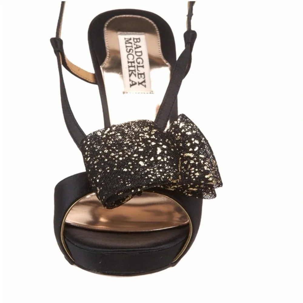 Badgley Mischka Black Gold Bow Heels Satin Formal Platform